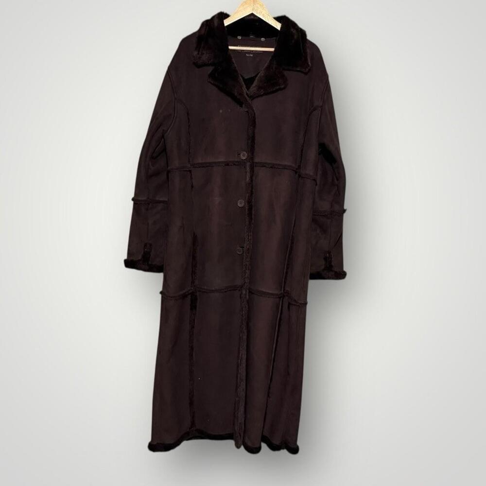 Vintage Fairweather Faux Suede Long Coat Dark Brown Faux Fur Lined XL Womens